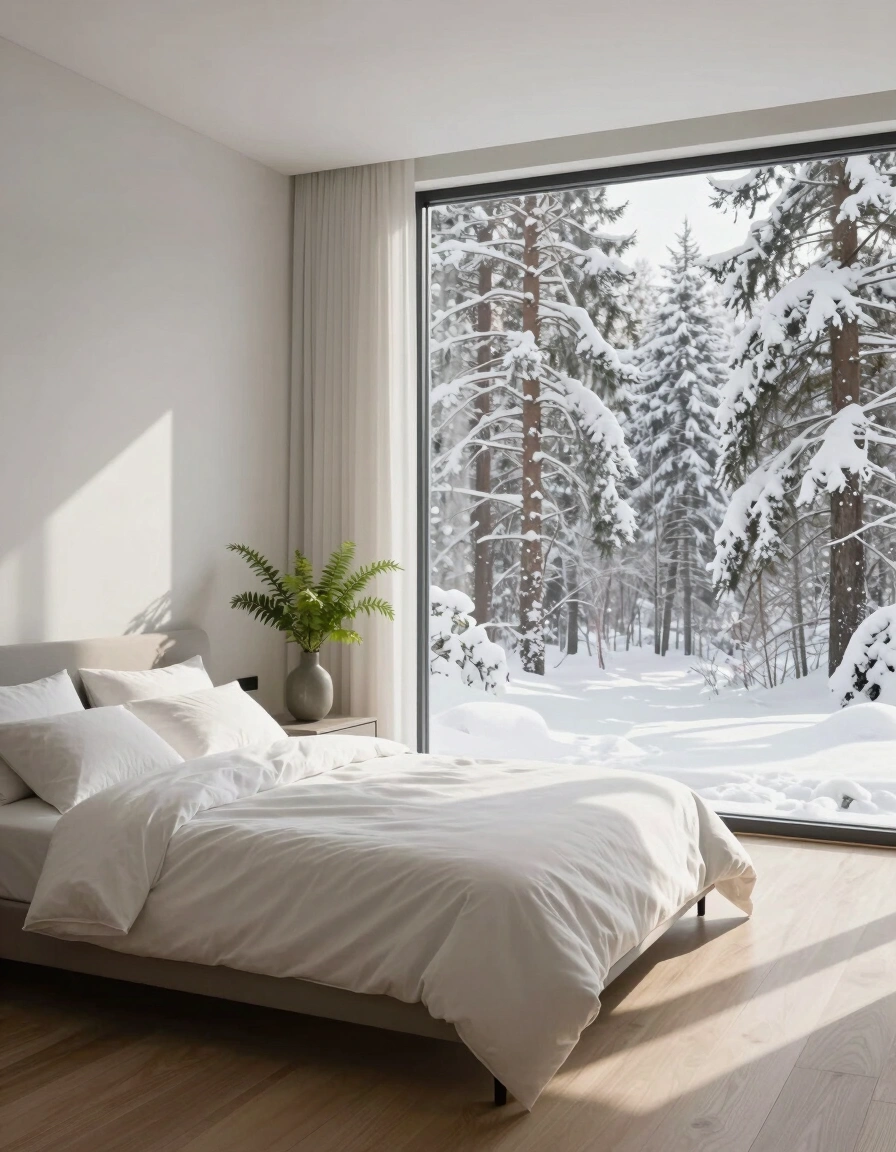 A minimalist bedroom with a large window showing snow-covered trees, a bed with white linens, and a vase of greenery on a nightstand.