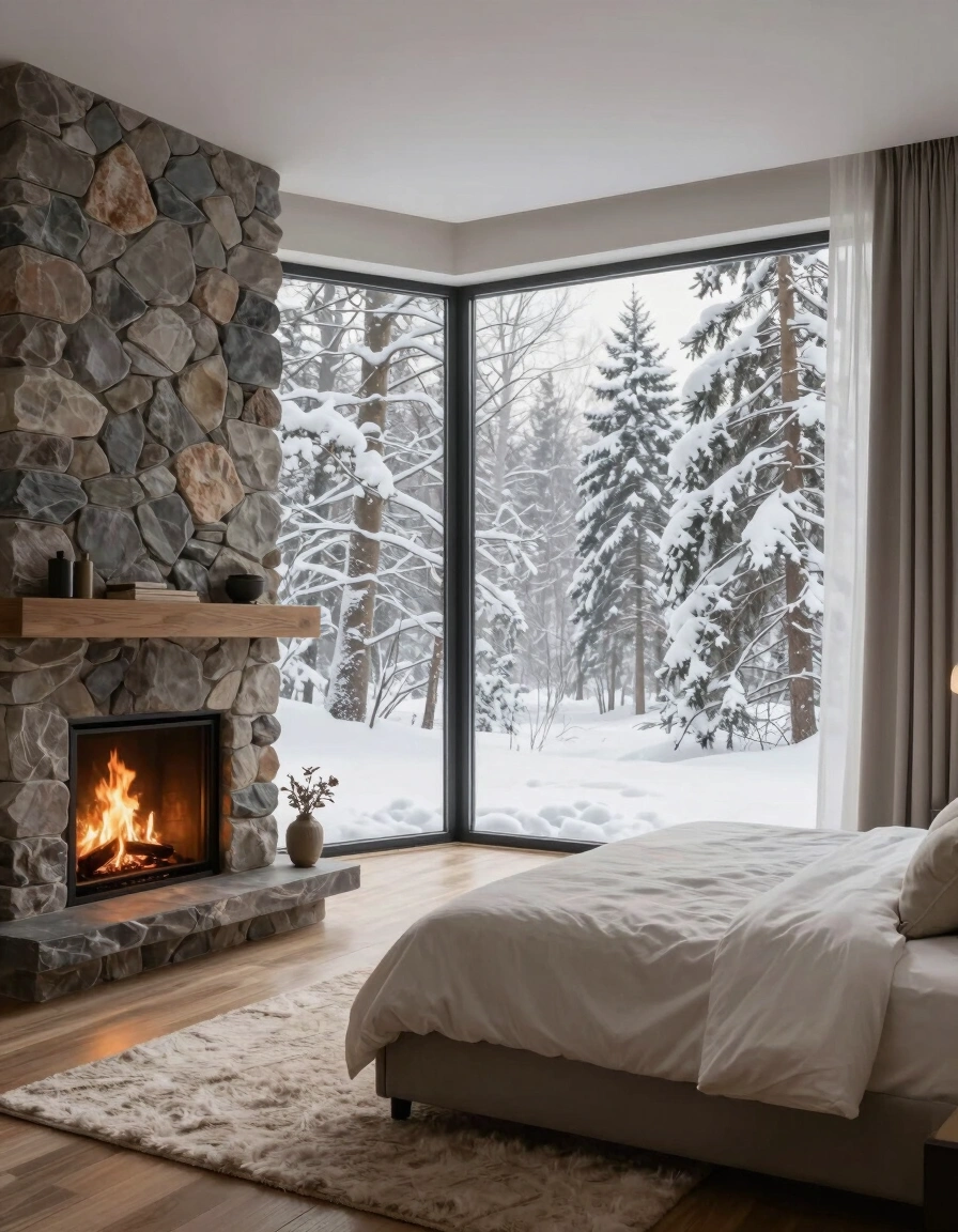 A cozy bedroom with a stone fireplace, white bed, and large window showing a snowy forest