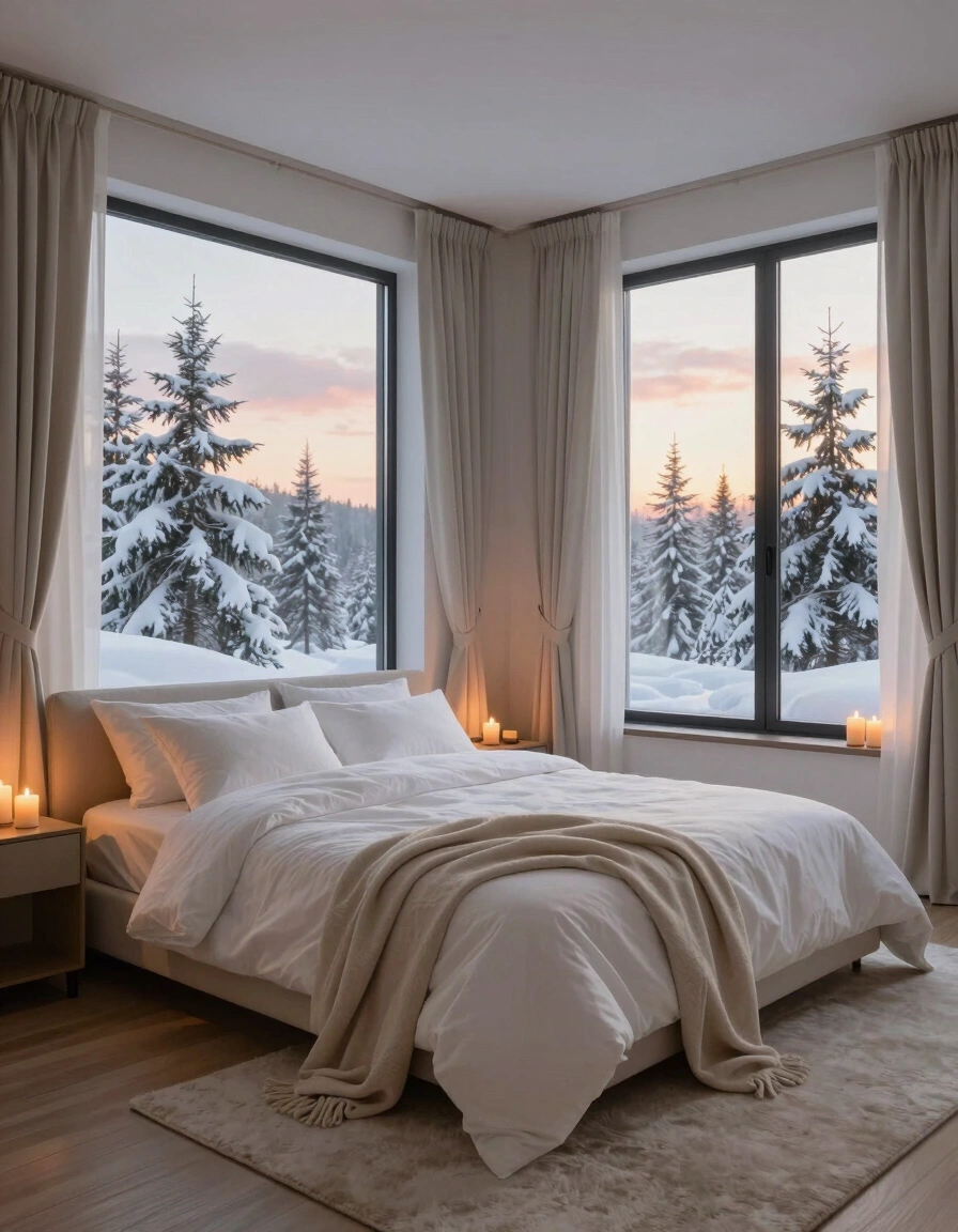 A peaceful winter bedroom with a large bed, white linens, and a stunning view of snow-covered trees at sunset.