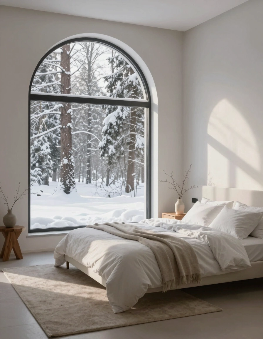 Minimalist bedroom with a large arched window, white bed, and snow-covered forest view