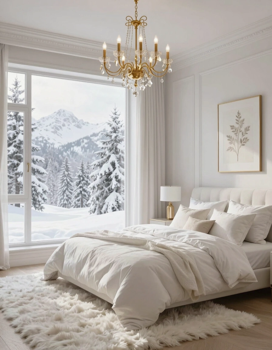 A luxurious bedroom with a large window showing a snowy landscape, a white bed, and gold chandelier