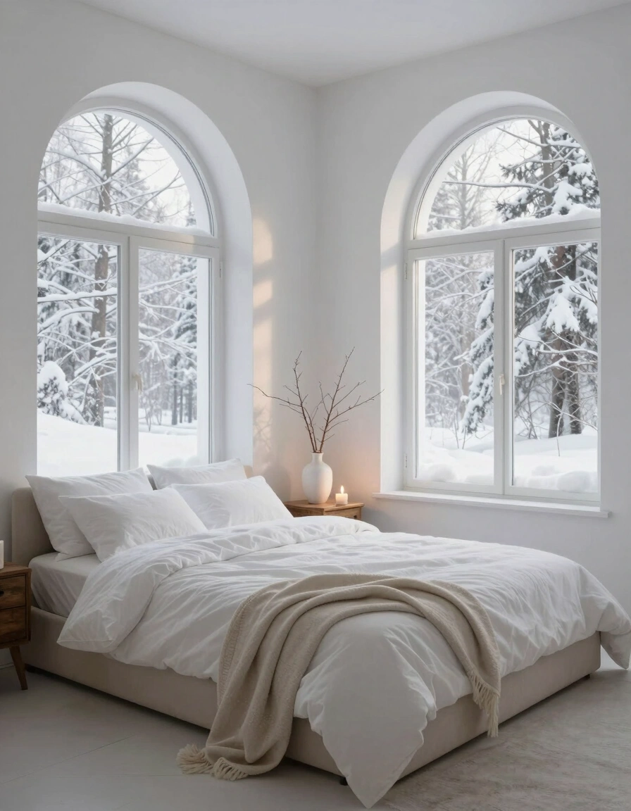 A minimalist winter bedroom with a large bed, arched windows showing a snowy forest, and soft lighting.