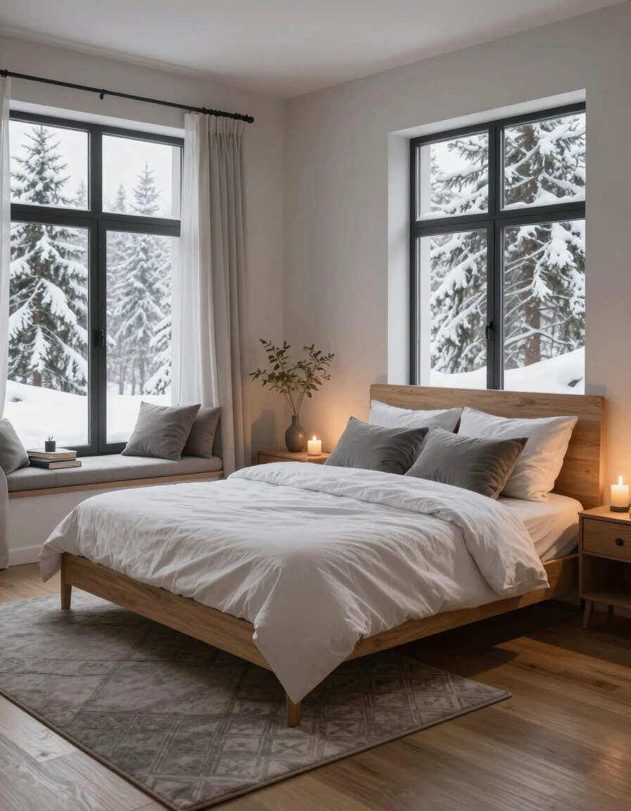 A minimalist bedroom with a wooden bed, white bedding, and grey pillows, set against a backdrop of snow-covered trees visible through large windows.