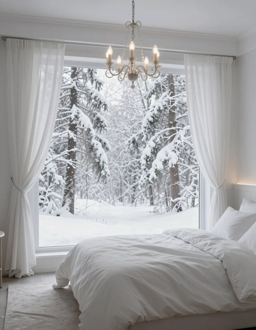 A peaceful winter bedroom scene with a large window, white bedding, and a chandelier, surrounded by snow-covered trees outside.