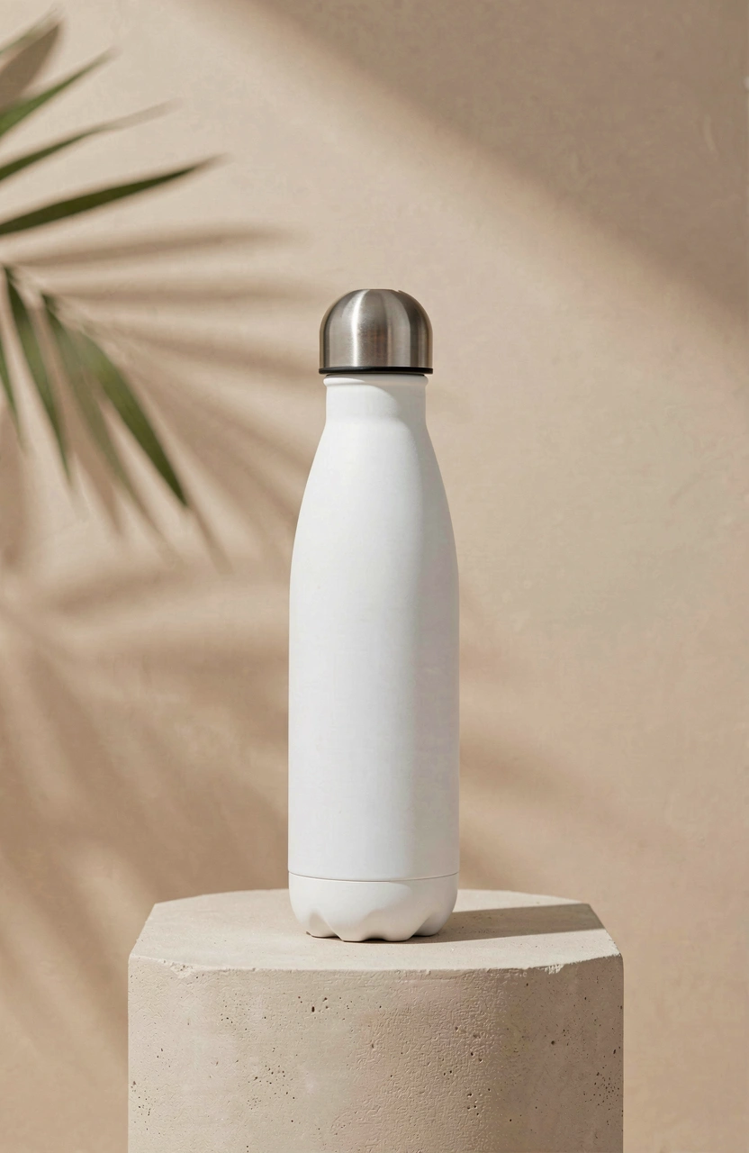 A white insulated water bottle with a silver cap on a beige surface, with a shadow of a palm frond in the background, conveying a sense of modern minimalism and eco-friendliness.