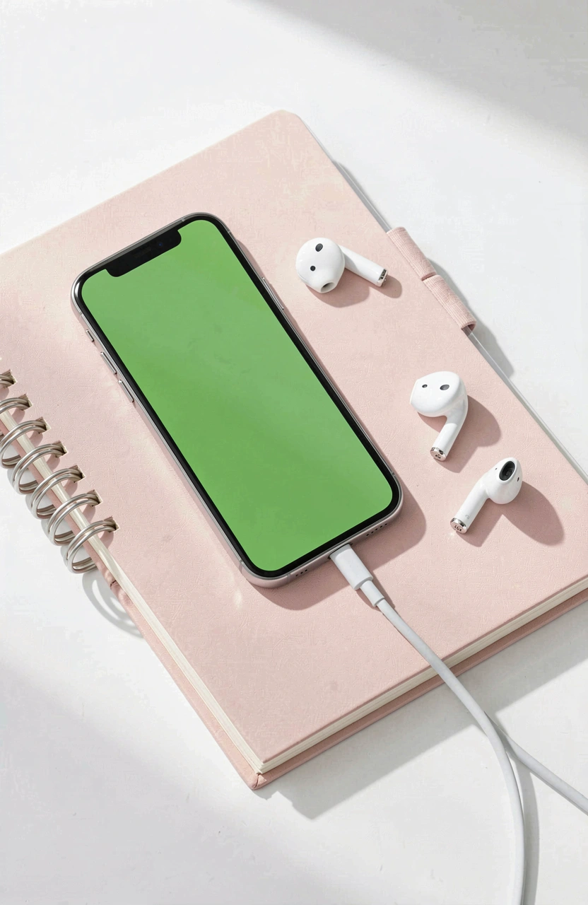 Smartphone with green screen on pink notebook with earbuds and charging cable