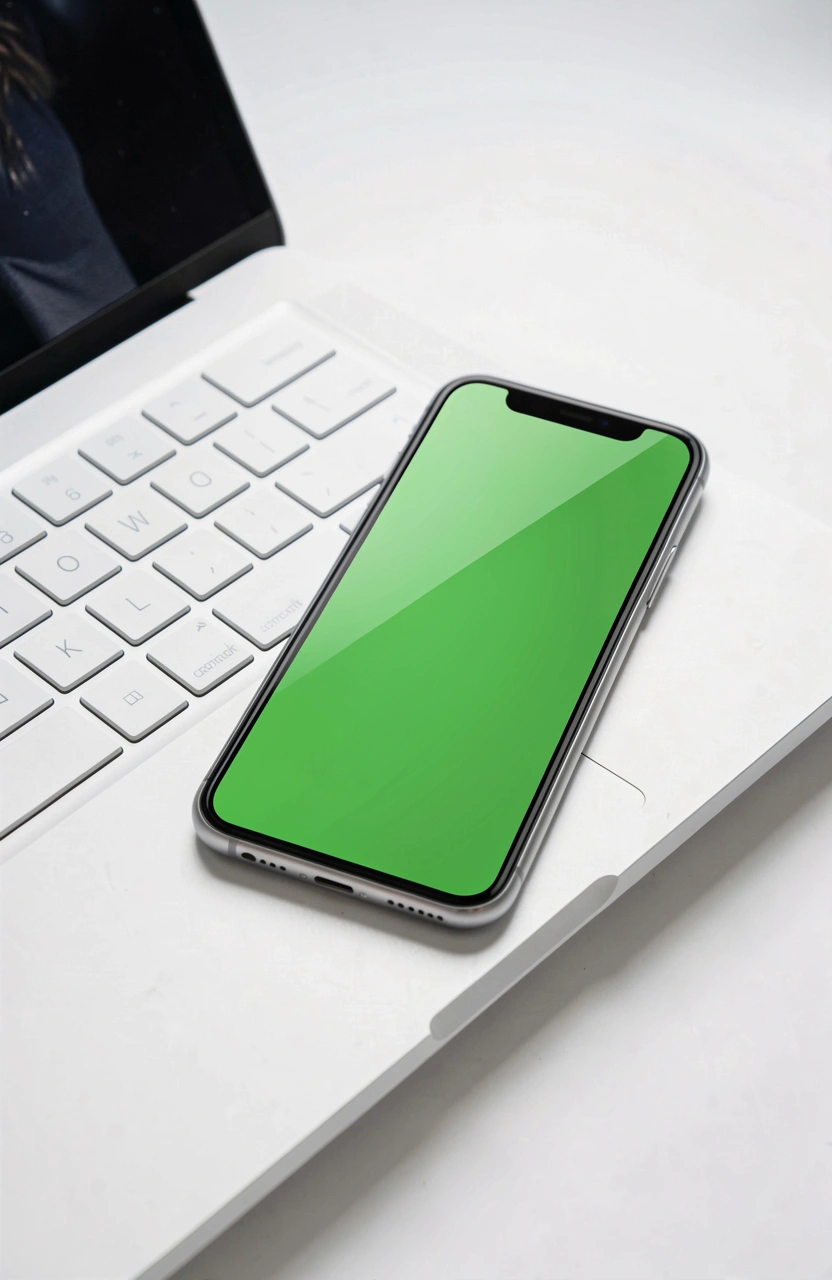 Silver smartphone with green screen on white laptop keyboard