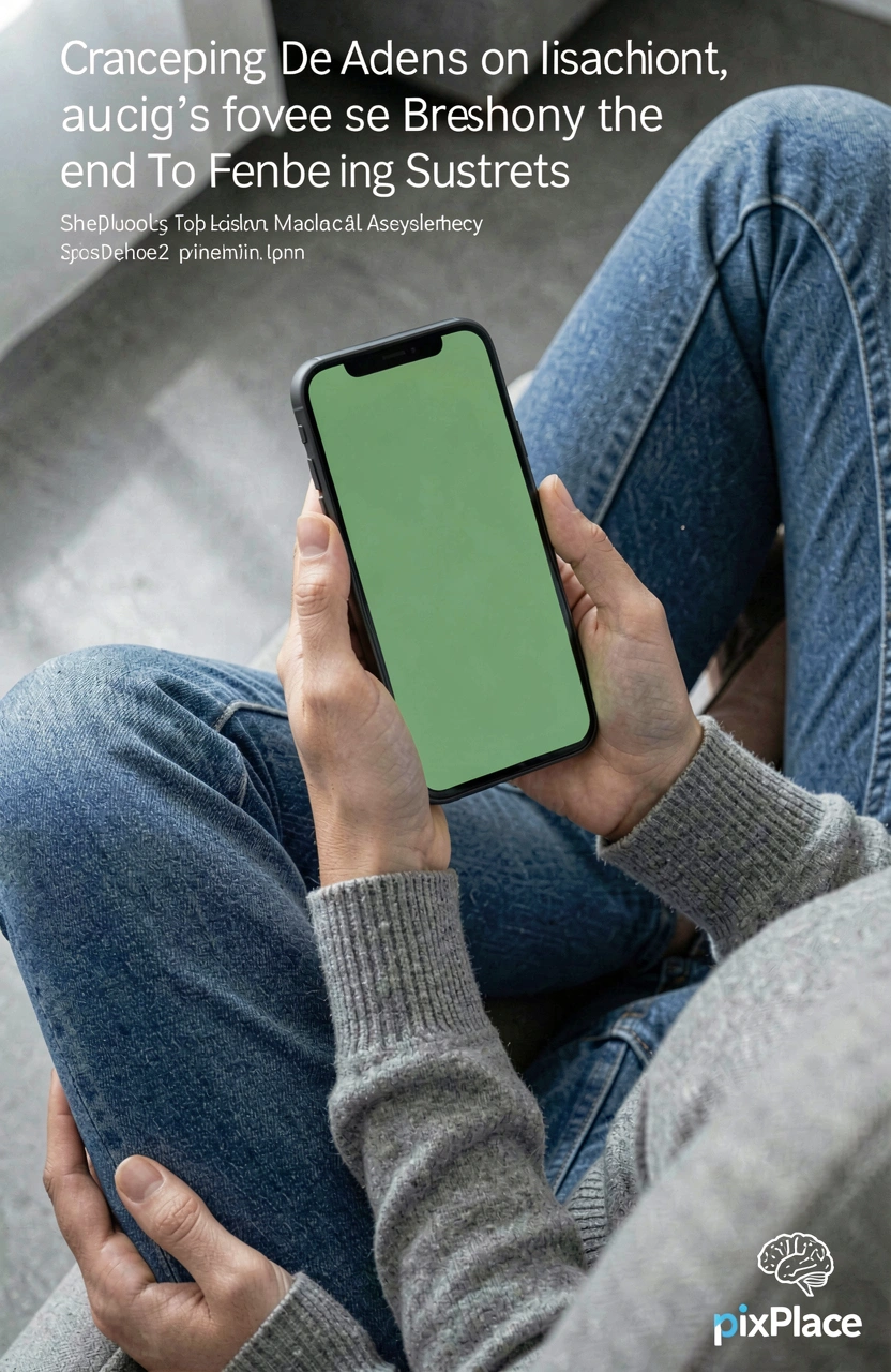 Person holding a smartphone with a green screen, sitting on a gray floor with blue jeans and a gray sweater.