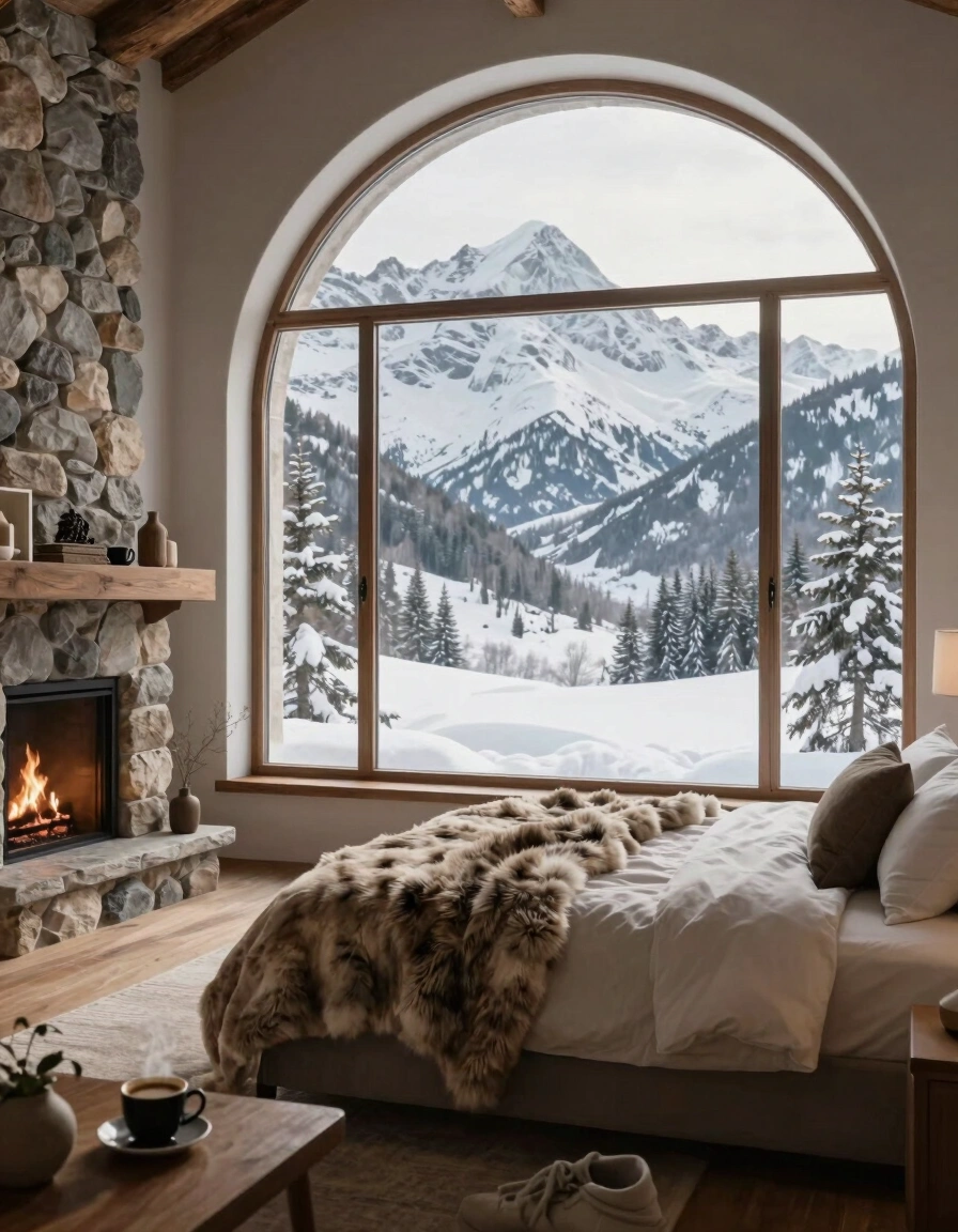 A serene bedroom with a large arched window, stone fireplace, and plush bed, overlooking a snowy mountain landscape.