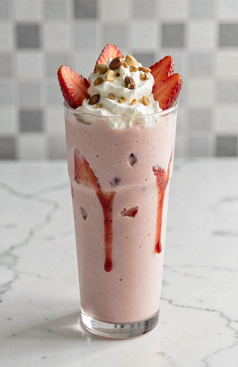 Strawberry milkshake in a tall clear glass with whipped cream and fresh strawberries on top