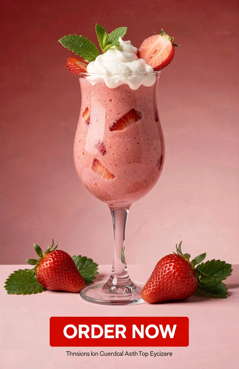 Strawberry smoothie in a clear glass goblet with whipped cream and fresh strawberries on a red background.