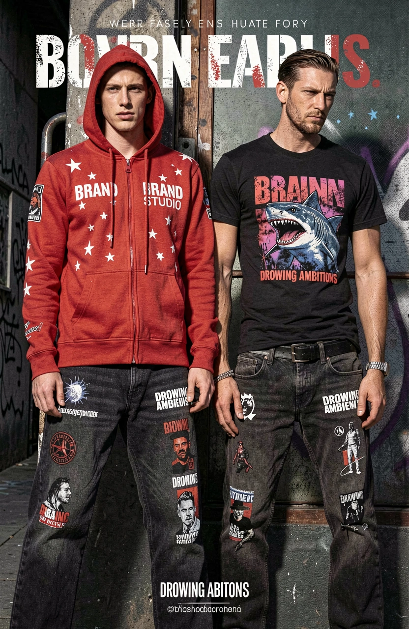 Streetwear clothing collection featuring red zip-up hoodie, black t-shirt, and dark denim jeans with bold graphic designs and textures.
