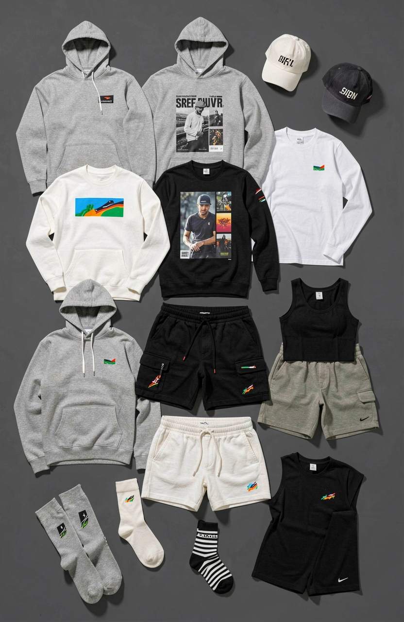 Streetwear vector mockup pack featuring a collage of clothing items and accessories on a dark gray background.