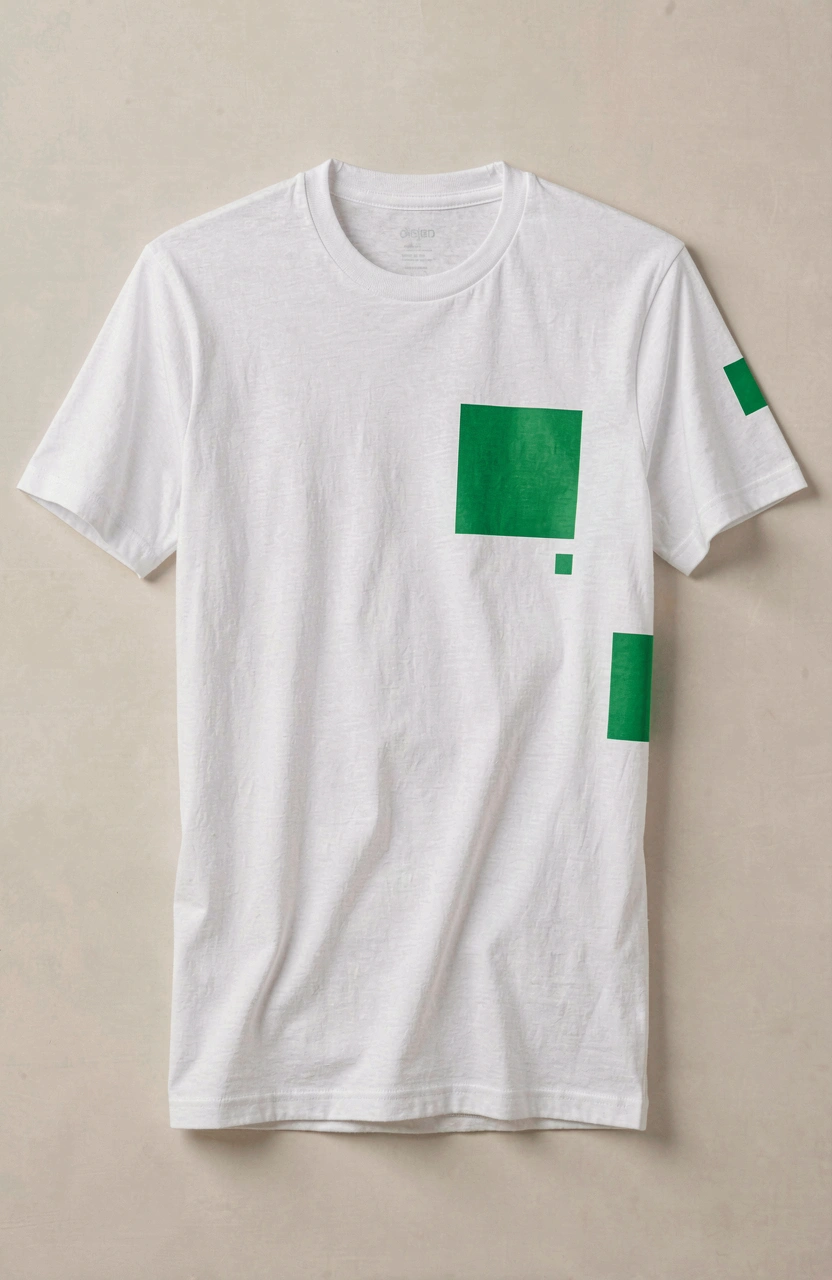 A product mockup image displaying a white t-shirt with a green design element placed on various parts of the shirt, highlighting different design placement options in a clean and minimalist style.