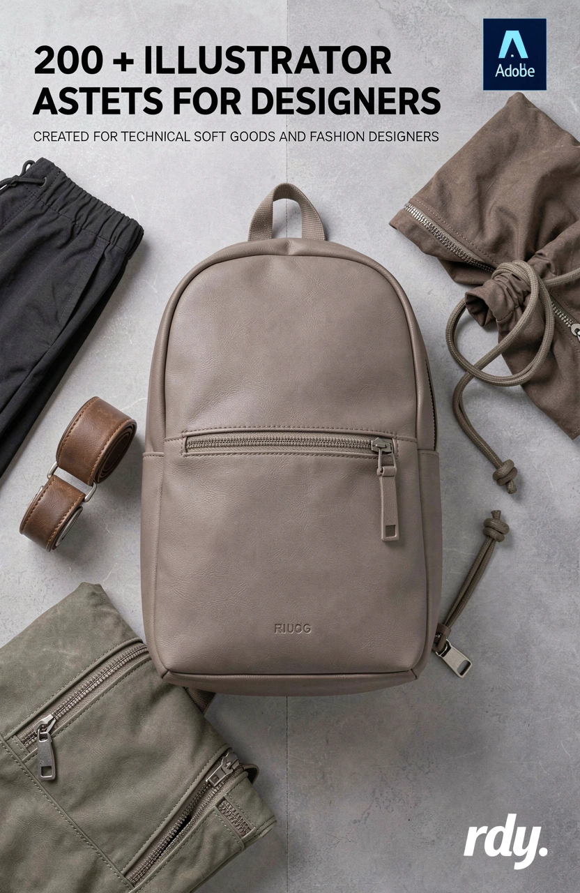 A detailed illustration of a taupe-colored backpack with technical soft goods and fashion design assets, on a light gray background with a central crease and the 'rdy.' signature.