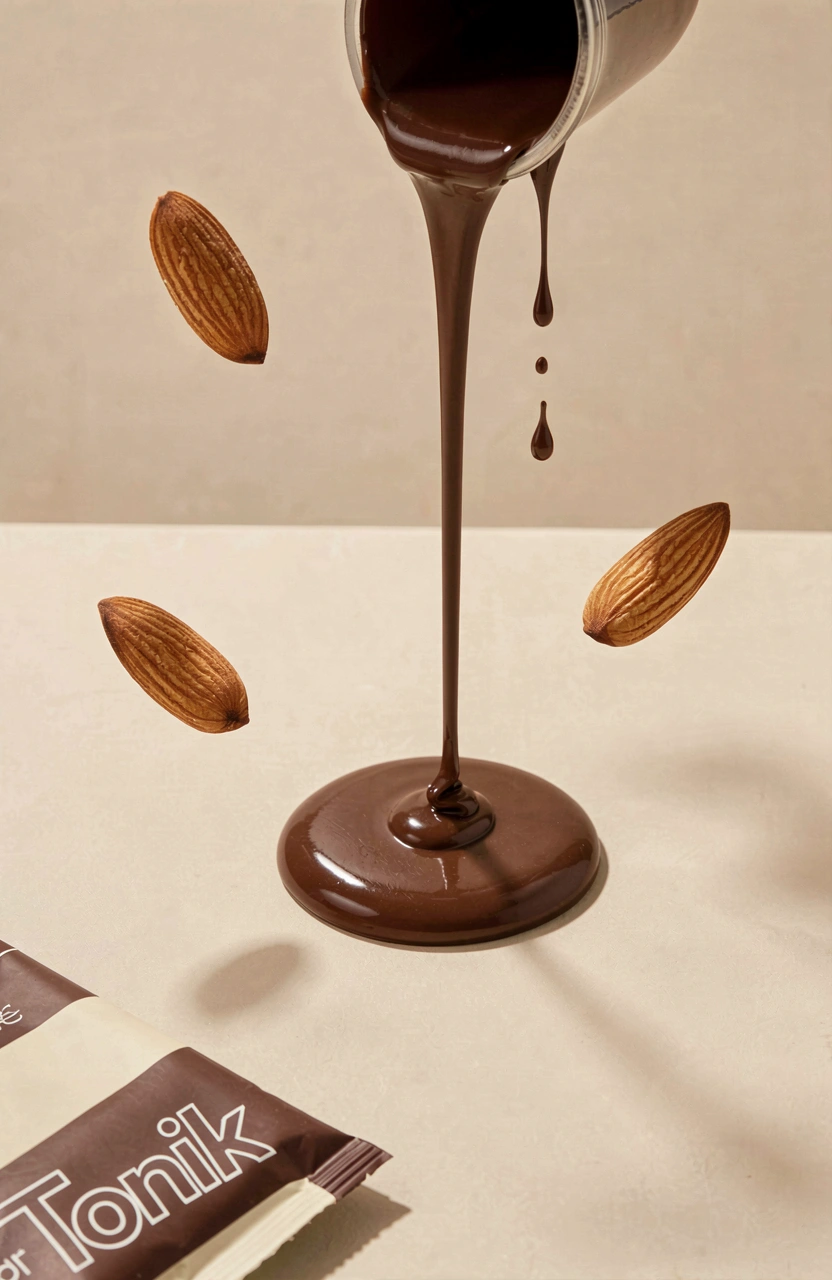 Chocolate sauce being poured onto a light beige surface, surrounded by three almonds and a partially visible Tonik chocolate bar wrapper.