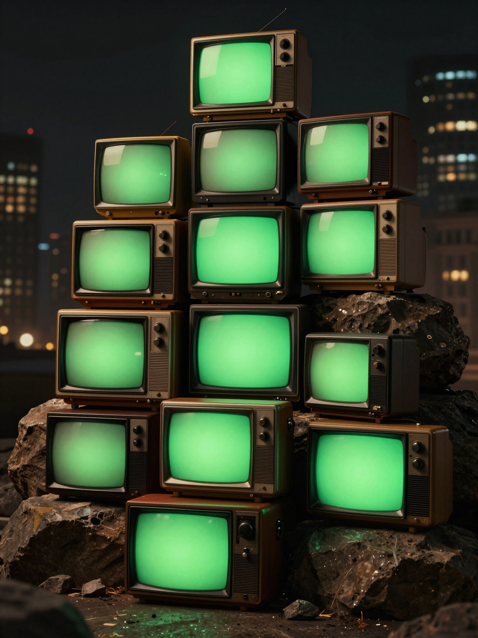 Stack of vintage CRT televisions with bright green screens on a rocky surface at night