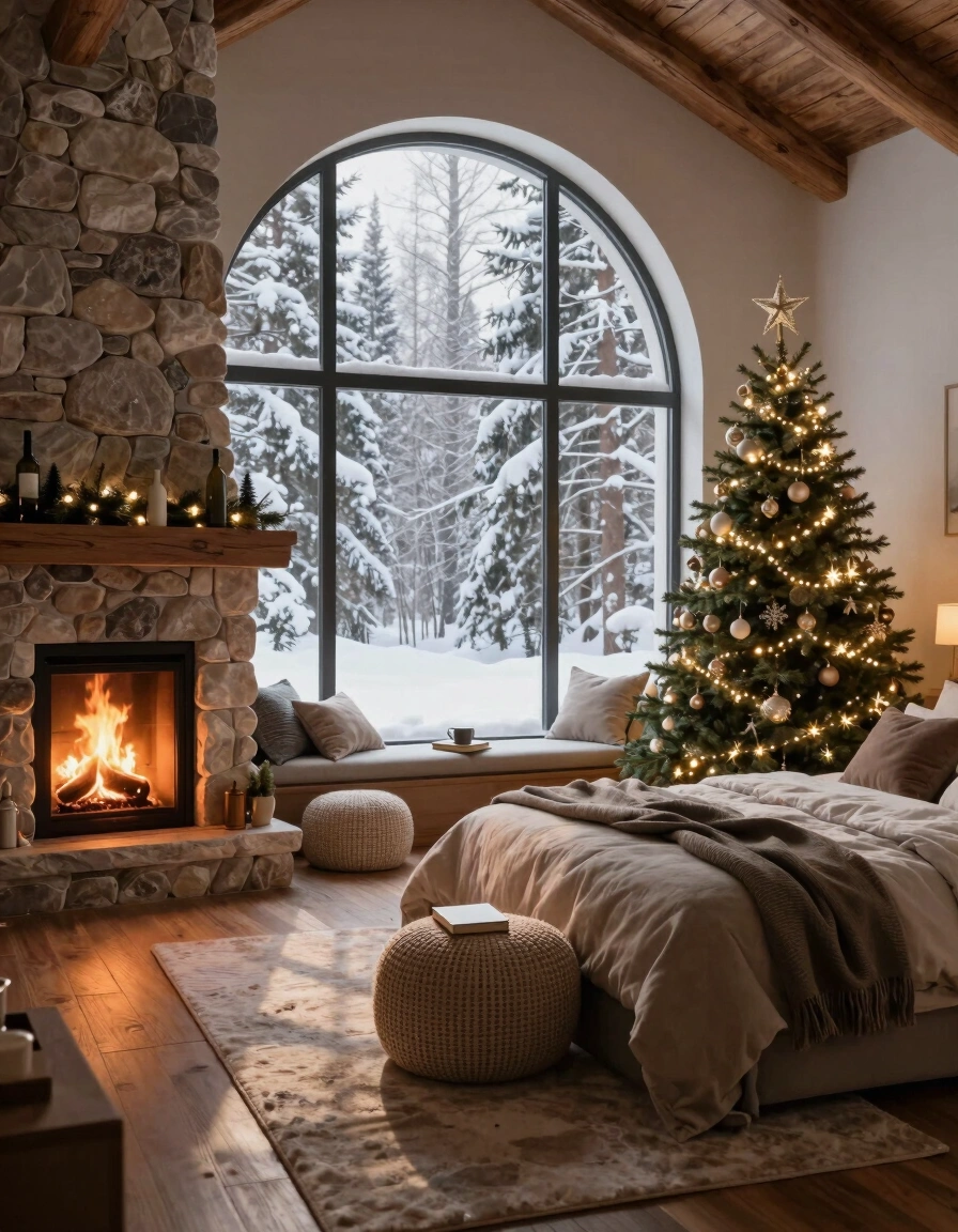 A cozy bedroom with a large window showing a snowy forest, a fireplace, and a Christmas tree.